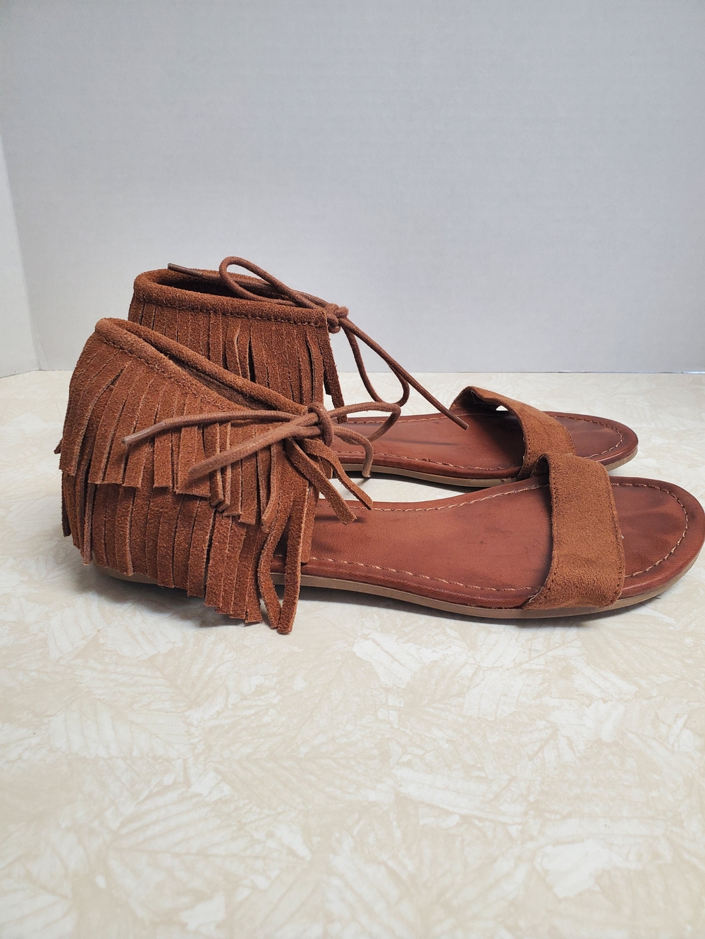 MIA Fringe Ankle-Tie Sandals in Cognac